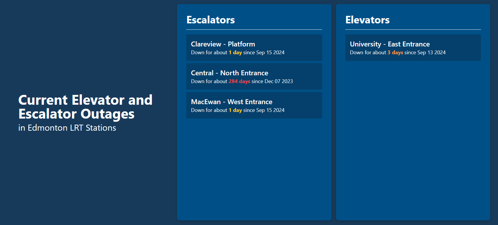 Edmonton LRT Elevator & Escalator Outage Tracker